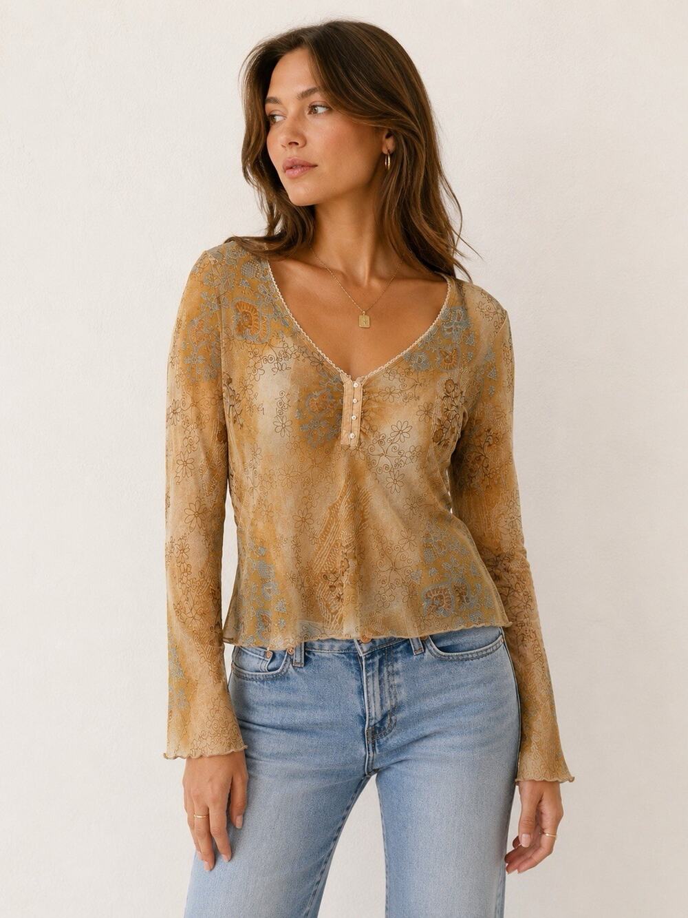 U.S Tops Vintage Y2k Fairy Brown Floral Sheer Bell Sleeve‎ Top Womens Small?